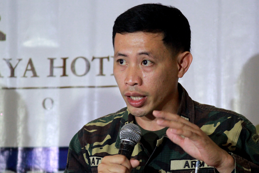 10th Infantry Division spokesman Captain Rhyan Batchar defends simultaneous encounters between government troops and the communist guerrillas as pre-election measures. (Ace R. Morandante/davaotoday.com) 