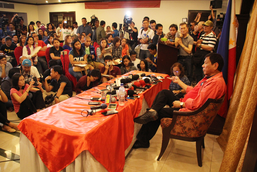 President-elect Rodrigo Duterte, calls a press conference late night till dawn at the Mandaya Hotel, Thursday.(Ace R. Morandante/davaotoday.com)