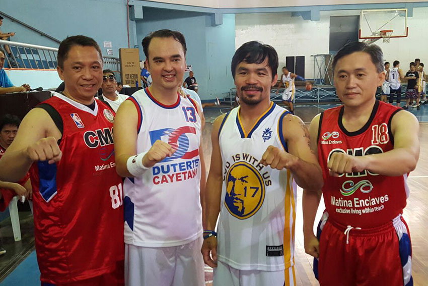 (From left) Local real estate developer Glenn Escandor, Sen. Alan Peter Cayetano, Senator-elect Emmanuel "Manny" Pacquiao and Christopher Lawrence “Bong” Go, who is incoming President Rodrigo Duterte’s executive assistant, take a break and played basketball at Davao City Recreation Center on Saturday, May 28.  (Photo from Senator Alan Peter Cayetano)