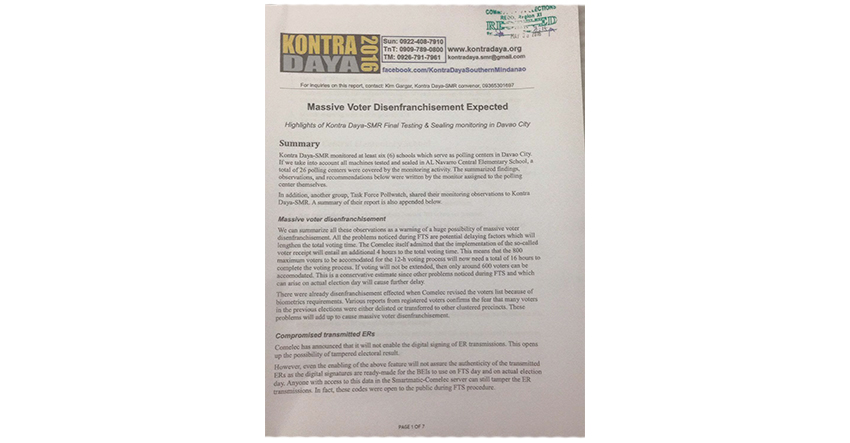 Kontra Daya Southern Mindanao Region submit a 7-page document reporting their observations during the final testing and sealing of vote counting machines to the office of the Commission on Elections Region 11.