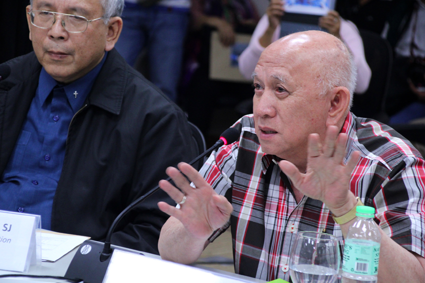 National Democratic Front spokesman Fidel Agcaoili meets reporters after the forum on the GPH-NDF peace process organized by the Ateneo de Davao University on Wednesday. Beside him is ADDU President Fr. Joel Tabora, SJ. (Ace R. Morandante/davaotoday.com)