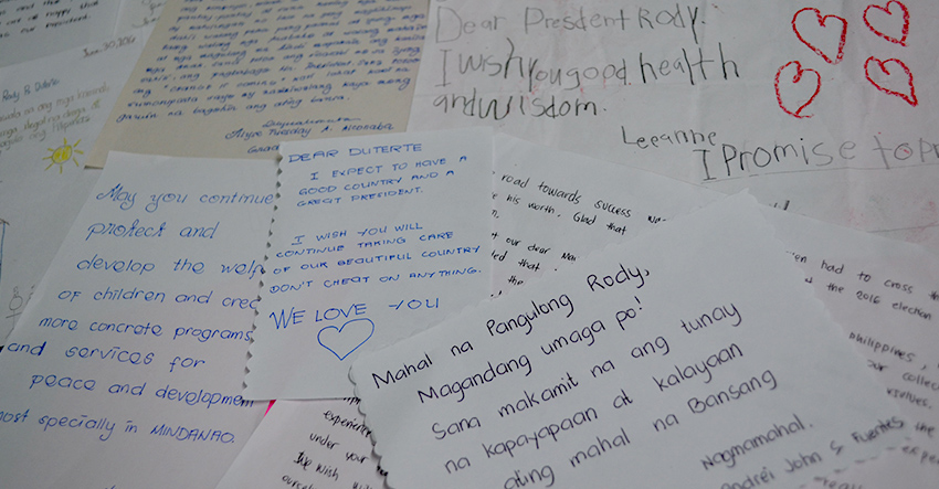 LETTERS TO THE PRESIDENT. These letters are written by students of the Assumption College of Davao for President Rodrigo Duterte. The school held a program to celebrate Duterte's inauguration on Thursday, June 30. (Christian Lloyd Espinoza/Contributor)