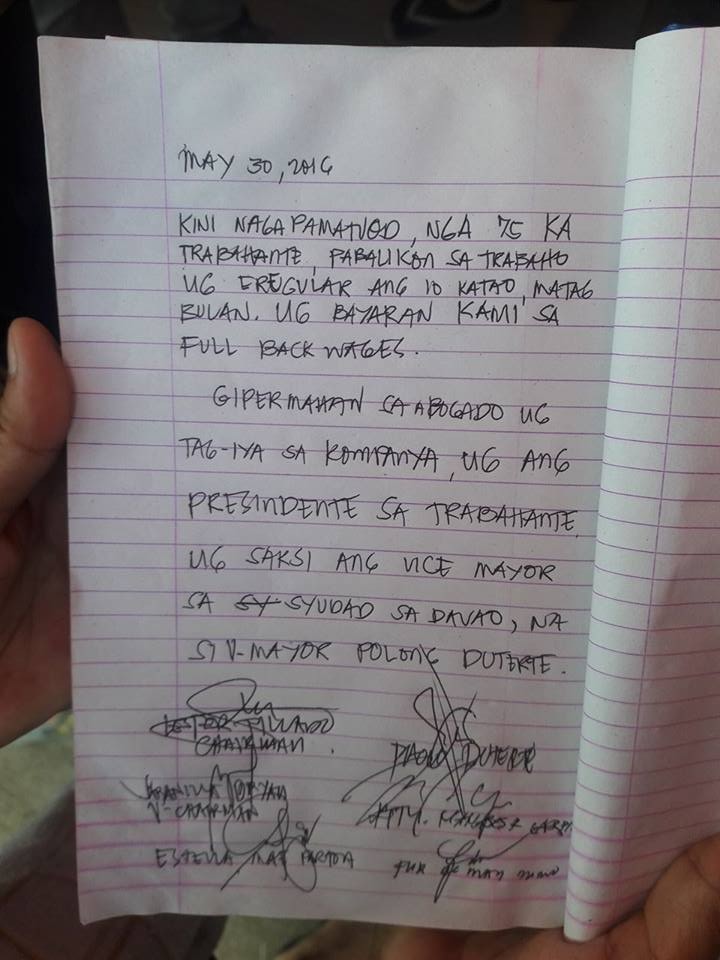 Caption: The initial agreement between the Nakashin Davao International and the dismissed employees indicated that all workers will be reinstated. (Photo from Kilusang Mayo Uno Southern Mindanao Region) 