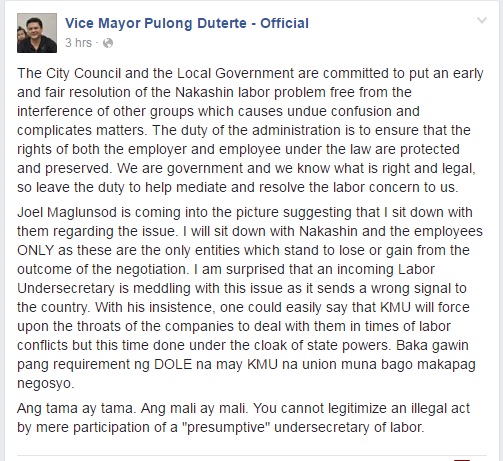 From the Facebook post of Vice Mayor Pulong Duterte-Official