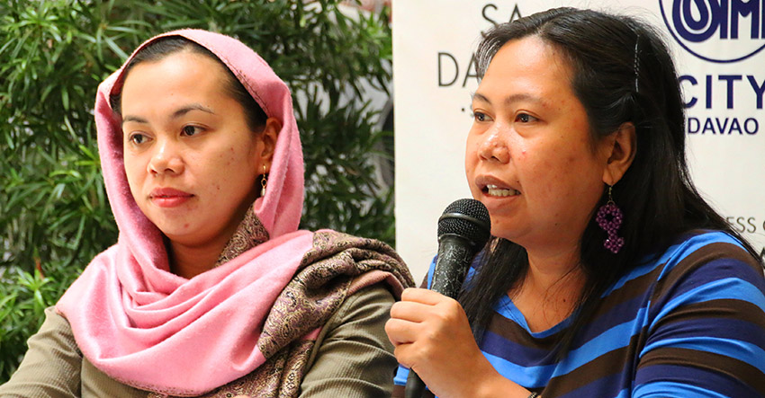 WOMEN’S SUMMIT. Mary Ann Sapar (right) and Bai Ali Indayla (left) of Gabriela announced during the regular Kapehan sa Dabaw at SM City on Monday the gathering of women leaders from all over the country in an event dubbed as “What Women Want: CHANGE” that is slated on June 30 in Davao City. (Alex D. Lopez/davaotoday.com)