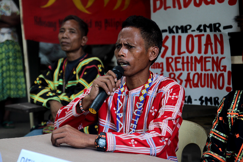 Datu Kaylo Buntolan, a Lumad leader from Talaingod, Davao del Norte asserts that they fled their communities because of militarization during a press conference Friday, July 1 held inside the United Church of Christ in the Philippines Haran compound where hundreds of evacuees are staying. On May 13, the court has issued a warrant of arrest against 15 activists accused of kidnapping and serious illegal detention of the evacuees. (Earl O. Condeza/davaotoday.com)