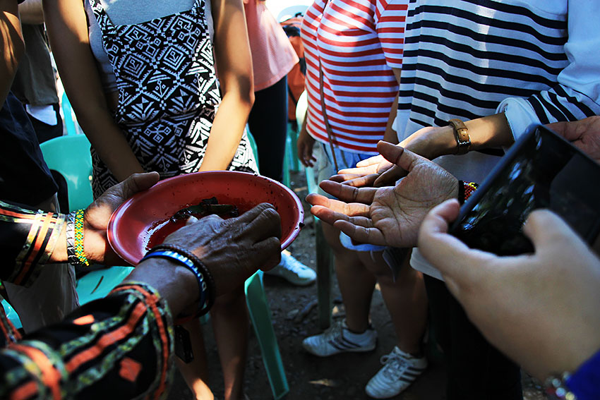 In a Lumad ritual called pamaas, blood from a slain chicken is smeared onto the palms of some 30 activists who will be immersing in the different Lumad communities of Mindanao. The ritual is said to be asking the spirits for the protection and safety of the delegates. (Paulo C. Rizal/davaotoday.com)