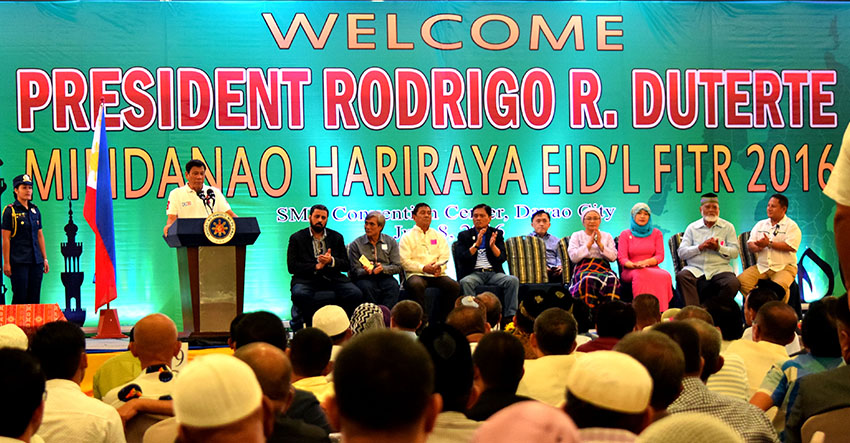 President Rodrigo Duterte speaks before some 700 Mindanao Muslim leaders during the Mindanao Hariraya Eid'l Fitr 2016 at the SMX Convention Center, SM Lanang in Davao City on Friday, July 8. (Presidential Photographers Division)