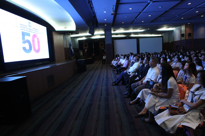 Members of the Cabinet, Ateneo de Davao University President Fr. Joel Tabora, students and guests at the ADDU watch the advance screening of #50FirstDays documentary of President Rodrigo Duterte's administration. The screening was held at the Finster Auditorium of the ADDU on Thursday morning, August 18, 2016. (Medel V. Hernani/davaotoday.com) 