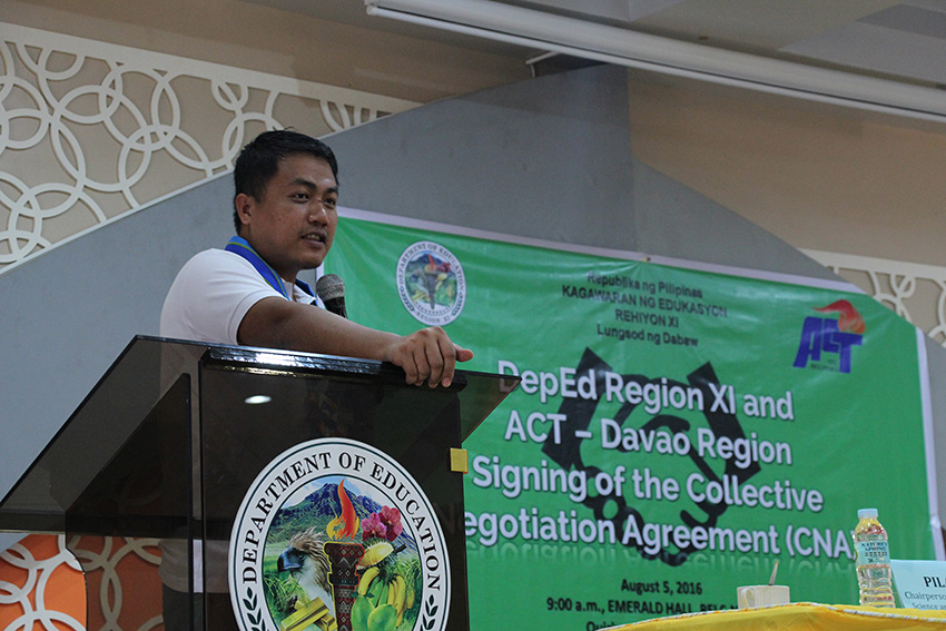 Raymond Basilio, secretary general of the Alliance of Concerned Teachers Philippines says that with the historic signing of the collective negotiation agreement, the teachers must remain united and vigilant in the implementation of the said agreement. (Paulo C. Rizal/davaotoday.com)