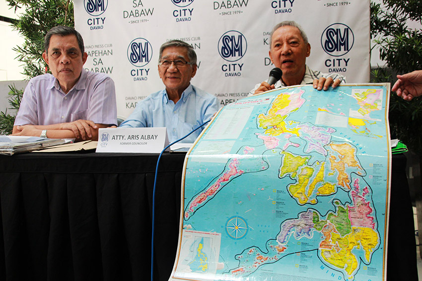 The members of the group presented a map during Monday's Kapehan sa Dabaw press briefing, August 29, showing the proposed divisions of a federal Philippines. (Paulo C. Rizal/davaotoday.com)