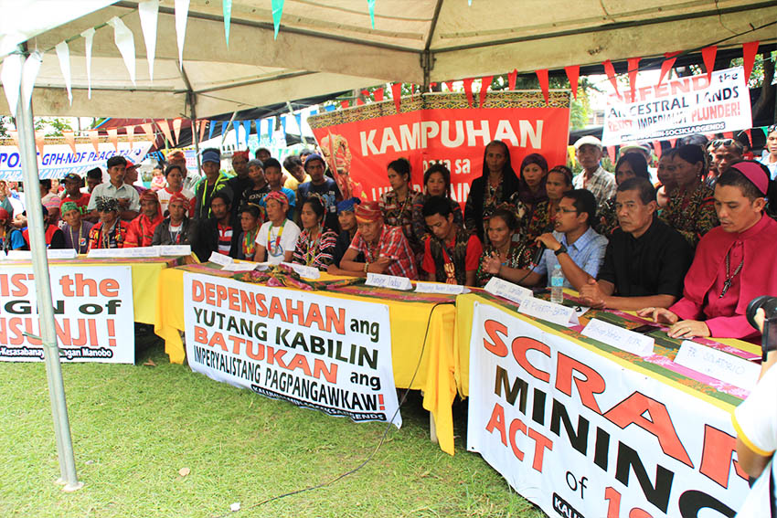 Leaders, representatives, and support groups hold a press conference inside the protest camp at the Rizal Park in Koronadal City. The protesters demand for land, food, justice, and peace, for the Lumads, workers, and peasants. (Earl O. Condeza/davaotoday.com)