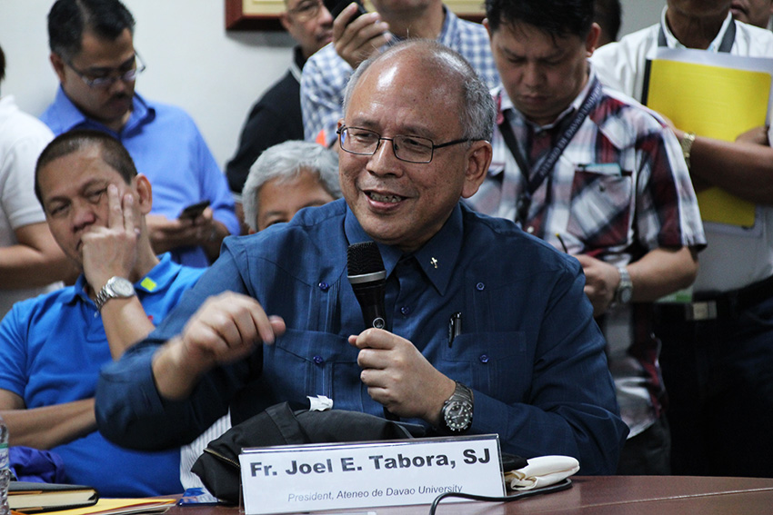 Ateneo de Davao University President Fr. Joel Tabora expresses his opposition to the current mining policy of the government in a press conference on Thursday, August 4. The Jesuit priest said the Philippine Mining Act only allowed foreign countries to plunder the country's natural resources. (Paulo C. Rizal/davaotoday.com)