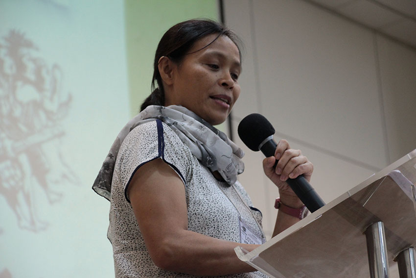 National Democratic Front consultant Maria Loida Magpatoc reads a poem by Amado V. Hernandez's “Kung Ang Luha Mo Ay Natutuyo Aking Inang Bayan” (If Your Tears Run Dry, My Motherland) during the second day of assembly of Sandugo, the national alliance of Moro and Lumad on Saturday, Oct. 15 in the GT-Toyota Asian Center, University of the Philippines Diliman. (Paulo C. Rizal/davaotoday.com)