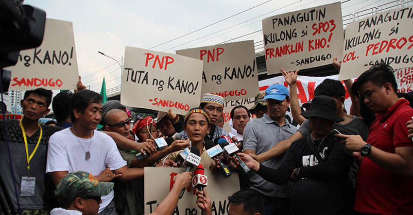 Some 1,000 indigenous and Moro people led by “national minority” alliance group Sandugo rallied in front of the Philippine National Police headquarters at Camp Rafael T. Crame here to protest Wednesday's violent dispersal at the US. (Paulo C. Rizal/davaotoday.com)