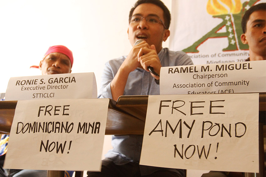 The Alliance of Community Educators, a group of Lumad educators in Southern Mindanao,  urges President Rodrigo Duterte to check the case of Dominiciano Muya and Amelia Pond who were accused of being members of the New People's Army. The group calls for their immediate and unconditional release.  (Earl O. Condeza/davaotoday.com)