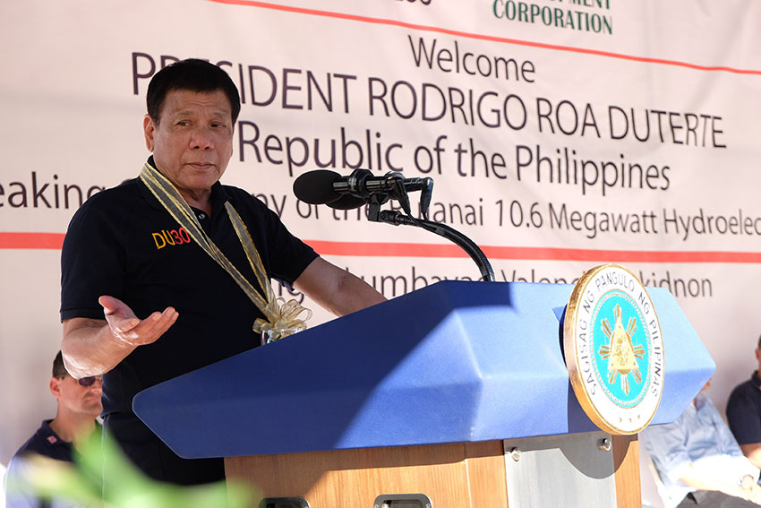 President Rodrigo Duterte delivers his keynote address during the groundbreaking ceremony of Pulanai 10.6-MW Hydroelectric Power Plant in Barangay Lumbayao, Valencia City, Bukidnon on Dec. 9, 2016. (Kiwi Bulaclac/Presidential Photo)