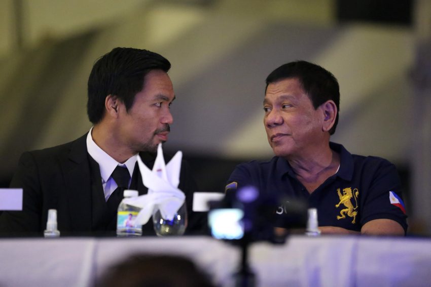 President Rodrigo RoaDuterte sits beside the celebrant Senator Emmanuel "Manny" Pacquiao during the latter’s 38th birthday celebration at the KCC Mall Events Convention Center, General Santos City on December 17, 2016. (Karl Alonzo/Presidential Photo)