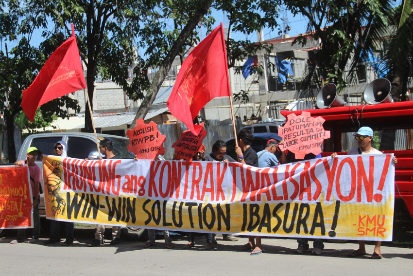 Progressive labor group Kilusang Mayo Uno in Southern Mindanao Region holds a protest rally Thursday at the Department of Labor and Employment region XI office to reiterate their call to end the contractualization of workers. (Earl O. Condeza/davaotoday.com)