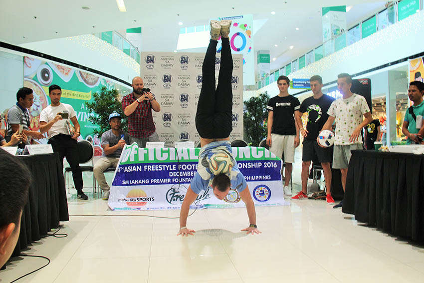 One of the participants to the 4th Asian Freestyle Football Championship performs a freestyle exhibition during a press conference on Monday, Dec. 5. The World Freestyle Football Federation (WFFF) will hold the two-day event on Dec.9-10 at the SM Lanang Premier in Davao City. (Maricar Emata/davaotoday.com)