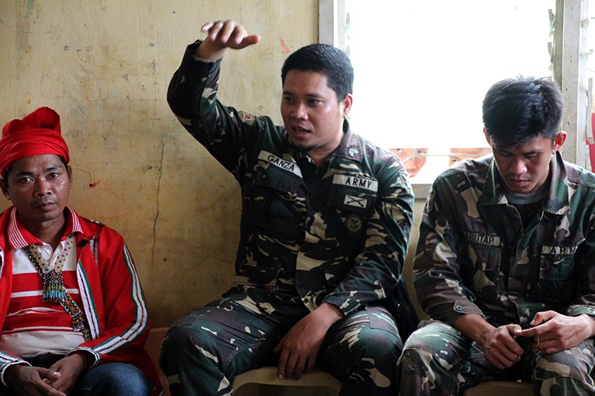 NEW GUY. Cpl. Rico Ganza of the 60th Infantry Battalion says he cannot answer for the alleged crimes committed by the army to the Lumad of Talaingod because he has been assigned to the area for less than a month. Ganza talked with Lumad leaders in a dialogue on Nov. 30, Wednesday. (Paulo C. Rizal/davaotoday.com)