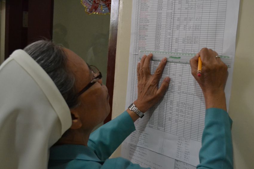 Sr. Ma. Felina S. Inting of Archdiocesan Nourishment Center (ANC) records the height and weight of the children during their monthly weight taking Wednesday, Dec. 7. ANC monitors the children's height and weight development before they feed them free lunch. (Robby Joy Salveron/davaotoday.com)