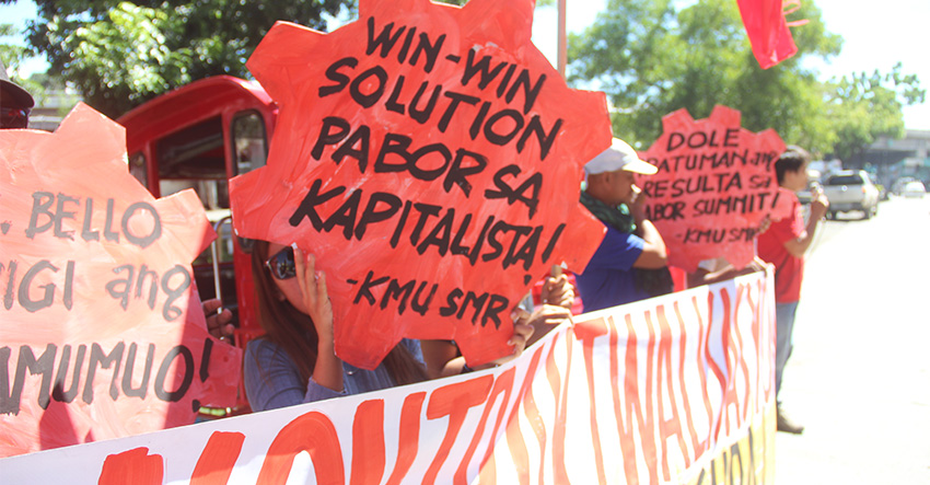 The progressive labor group Kilusang Mayo Uno in the Davao Region protest on Thursday to Labor Secretary Silvestre Bello III's "win-win solution" to end the practice of contractualization across the country. (Earl O. Condeza/davaotoday.com)