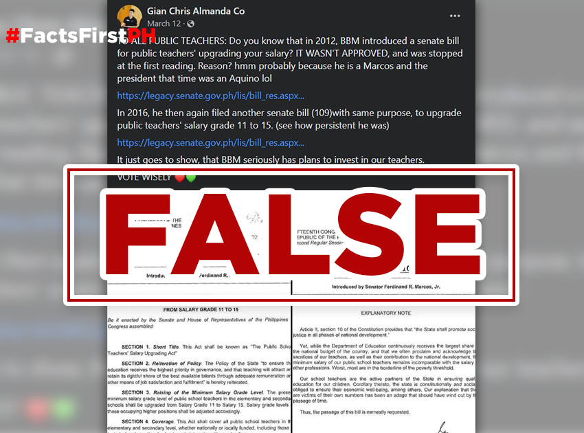 FACT CHECK: FB post incorrectly claims bill filed by Marcos Jr. for teachers’ salary upgrade was not approved because of PNoy