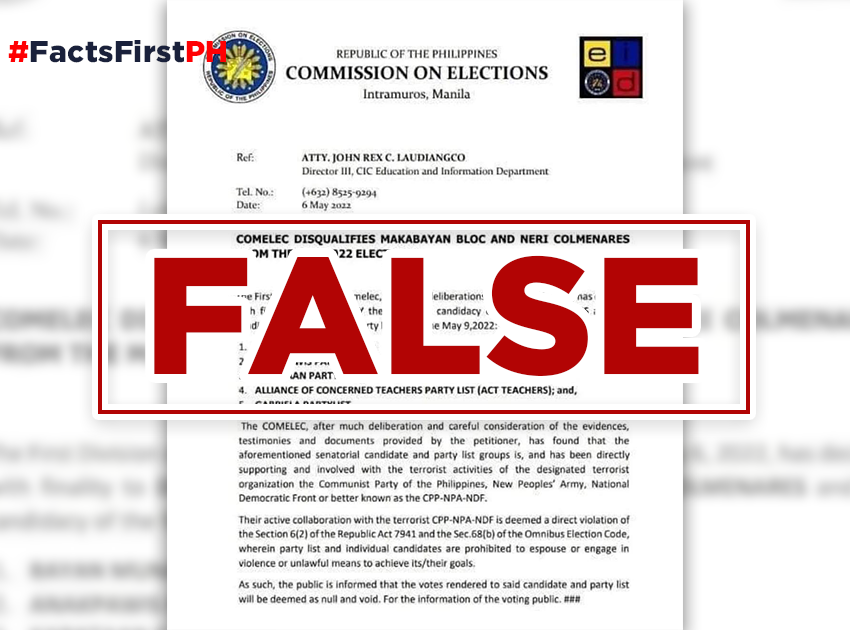 FACT CHECK: Bayan Muna, other partylists and Neri Colmenares are not disqualified