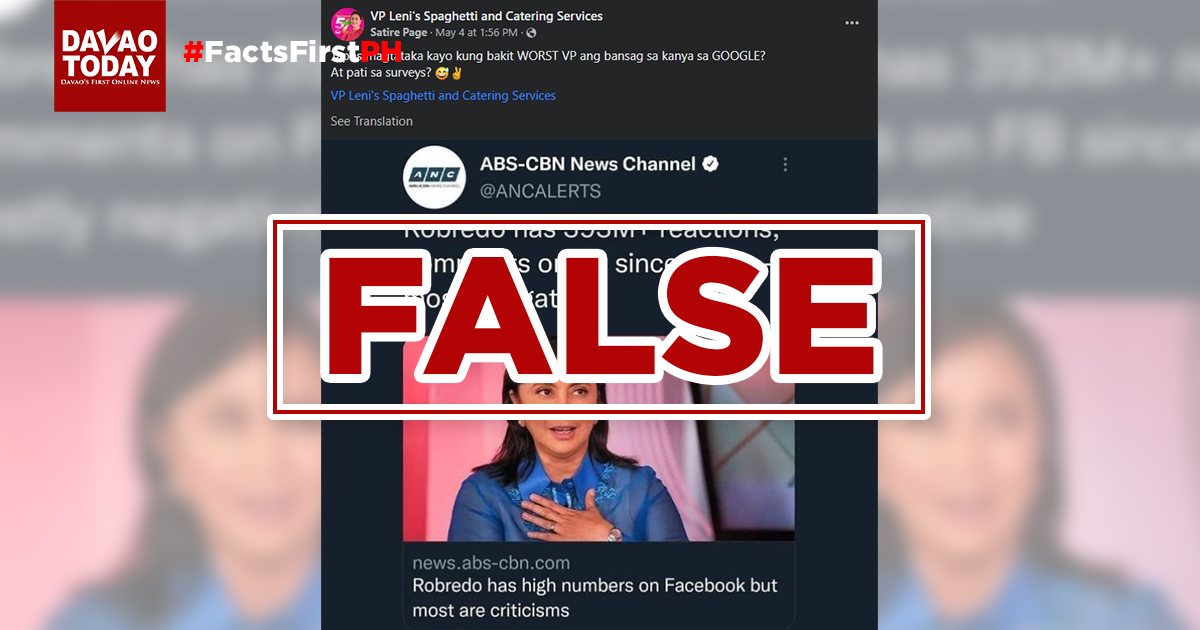 You are currently viewing FACT-CHECK:  FB page claims Google, surveys named Robredo as “the worst VP”