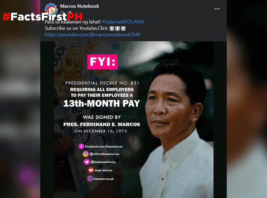 FACT CHECK: FB post on 13th-month pay law of Marcos Sr. needs context